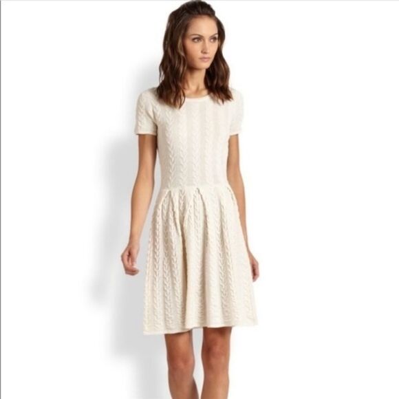 BCBGMaxAzria Ivory Wool Sweater Dress Size Large NWT Embroidered Short Sleeve - Picture 2 of 11